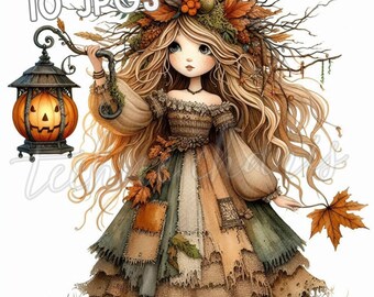10 JPG Strega autunnale rustica, acquerello autunnale, clipart di zucca, scrapbooking, diario di spazzatura, arte murale, lavoretti di carta, bambole carine stampabili
