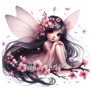 Puede incluir: Una ilustraci&oacute;n digital de un hada con alas rosas y un vestido rosa sentada en una rama con flores rosas. El hada tiene el pelo largo y negro y grandes ojos marrones. El texto "techne charis" est&aacute; escrito en la rama.