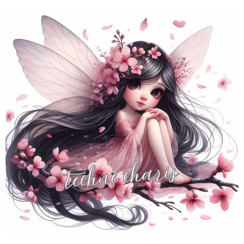 Puede incluir: Una ilustraci&oacute;n digital de un hada con alas rosas y un vestido rosa sentada en una rama con flores rosas. El hada tiene el pelo largo y negro y grandes ojos marrones. El texto "techne charis" est&aacute; escrito en la rama.