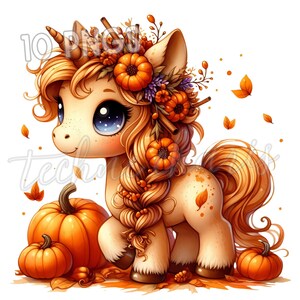 K&ouml;nnte beinhalten: Eine skurrile Illustration eines Ponys mit Herbstthema. Das Pony hat ein cremefarbenes Fell, geschm&uuml;ckt mit einer K&uuml;rbis- und Blumenkrone. K&uuml;rbisse und Herbstbl&auml;tter umgeben das Pony und schaffen ein festliches, saisonales Design.