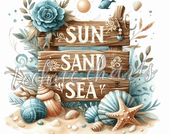 Watercolor Nautical Clipart, Beach & Ocean PNG (Instant Download)