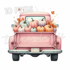 May include: A pink vintage pickup truck is filled with a variety of pumpkins in shades of pink, orange, and blue. Autumn leaves and the text "10 PNGS" are also visible. The truck is a watercolor illustration.