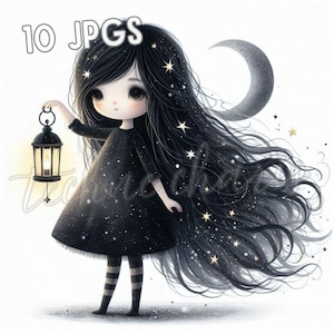 Fille décalée des cliparts nuit étoilée | 10 fichiers JPG | Art céleste fantastique pour carnets, scrapbooking et cartes indésirables | Téléchargement numérique instantané