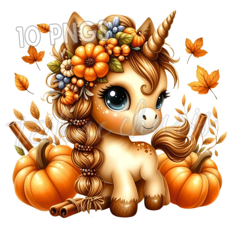 K&ouml;nnte beinhalten: Eine skurrile Illustration eines Einhorns mit Herbstthema. Das Einhorn hat ein goldenes Horn, eine geflochtene M&auml;hne und einen Blumenschmuck aus K&uuml;rbissen und Bl&auml;ttern. Zwei K&uuml;rbisse und Zimtstangen befinden sich am Boden, mit fallenden Bl&auml;ttern.