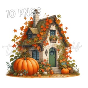 Clipart PNG di zucca autunnale / 10 disegni di case ad acquerello autunnali con foglie e fiori / Sublimazione del Ringraziamento / PNG a 300 DPI