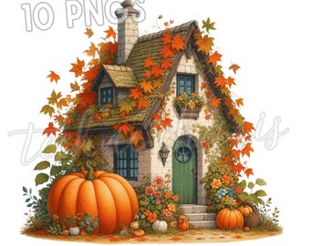 Fall Cottage Clipart: Pumpkin House Watercolor Designs (PNG)