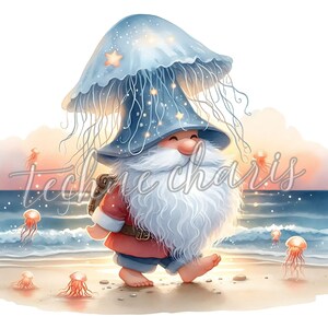 Summer Jellyfish Gnome Clipart | 10 High-Quality 300DPI JPEG | Underwater Fantasy Art for Scrapbook & Junk Journal | Digital Download