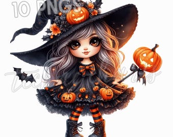 Watercolor Halloween Witch Gnome Clipart, Pumpkin Girl (Digital Download)