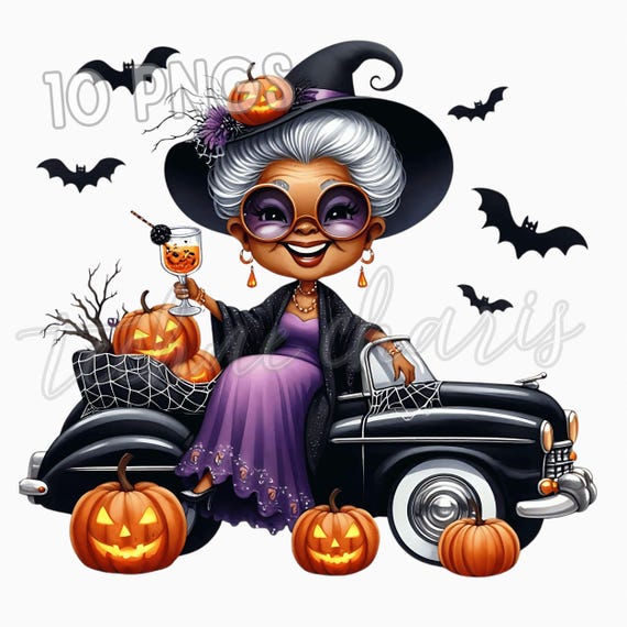 Halloween Grandma Clipart PNG, Spooky Car & Pumpkins (Digital Download)