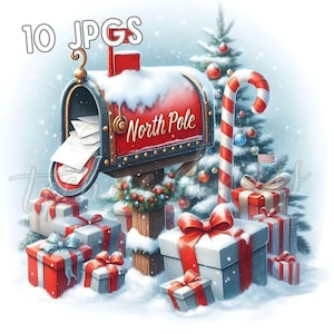 May include: A festive illustration of a red mailbox labeled "North Pole" overflowing with letters, surrounded by wrapped gifts with red bows, a candy cane, and a decorated Christmas tree. The image is set in a snowy landscape.