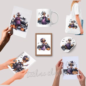 May include: A collection of Halloween-themed products featuring a cartoon illustration of a woman in a purple dress with a vintage car, pumpkins, and bats. Products include a mug, tote bag, sticker, notebook, and art print.