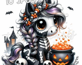 スケルトンユニコーンのクリップアート、不気味なハロウィーンの印刷物（高解像度JPG 10枚）
