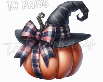 Watercolor Witch Pumpkin Clipart, Plaid Bow (Set of 10 PNGs) (Digital Download)