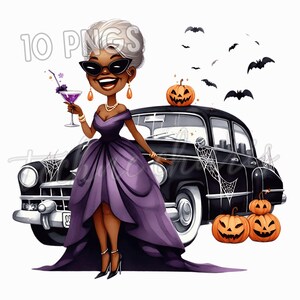 May include: A digital illustration of a woman in a purple gown holding a cocktail, standing next to a black vintage car decorated with spiderwebs and pumpkins. Bats fly in the background, with the text "10 PNGs" in the upper left corner.