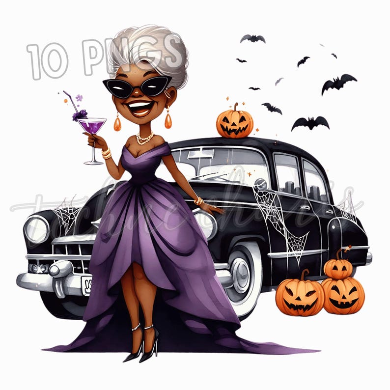 May include: A digital illustration of a woman in a purple gown holding a cocktail, standing next to a black vintage car decorated with spiderwebs and pumpkins. Bats fly in the background, with the text "10 PNGs" in the upper left corner.