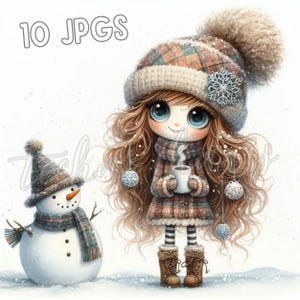 Winter Quirky Girl Clipart 10 High-Res JPGs Cozy Christmas Snowman Whimsical Cute Holiday Illustration Cards Scrapbookin Sublimation