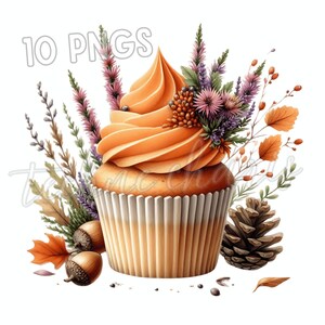 Pacchetto di clipart di cupcake autunnali PNG / 10 cupcake floreali autunnali / Set di clipart di dessert / Grafica a sublimazione per prodotti da forno / Download immediato