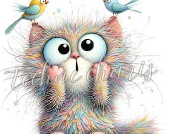 Frazzled Cat with Bird Watercolor Clipart, Junk Journal Supplies (Digital Download)