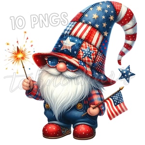 Lot Patchstar Gnome PNG | 10 cliparts du Jour de l'Indépendance | Sublimation de gnome du 4 juillet | Art patriotique de gnome des États-Unis | Utilisation commerciale