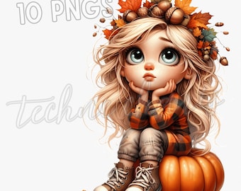 Autumn Girl on Pumpkin Clipart, Cozy Fall PNG (Digital Download)