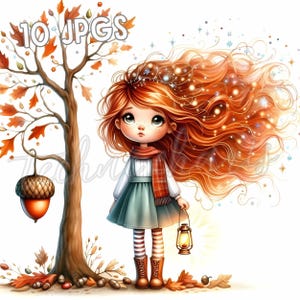 Herbst Mädchen Clipart 10 hochauflösende JPGs Eichel Herbst schrullig Mädchen halten Lampe gemütlich Aquarell Illustration Scrapbooking Handwerk Digital Download