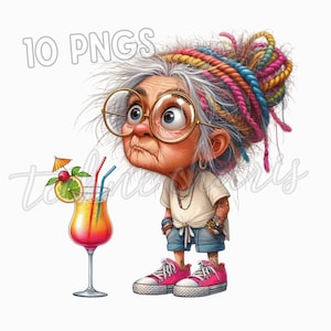 10 Summer Old Woman PNG – Funny Expressions, Quirky Grandma Clipart with Messy Colorful Braids, Summer Cocktail Drinks, Digital Download