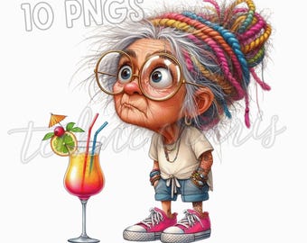 Funny Summer Grandma Clipart, Quirky Senior Ladies, Cocktail Drink PNG (Digital Download)
