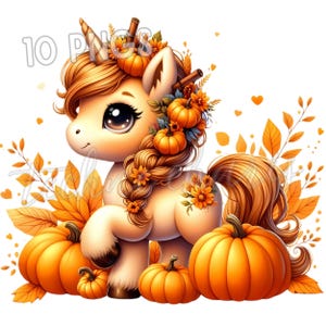 K&ouml;nnte beinhalten: Eine skurrile Illustration eines Einhorns mit flie&szlig;ender M&auml;hne und Schweif in Orange- und Braunt&ouml;nen. Das Einhorn ist mit K&uuml;rbissen und Blumen geschm&uuml;ckt, umgeben von Herbstbl&auml;ttern und K&uuml;rbissen, was ein festliches Herbstthema ergibt.
