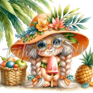 May include: A cartoon girl with blonde braids wears a large orange sun hat with flowers and round glasses. She holds a pink popsicle and sits on a beach with a basket of fruit and a pineapple.