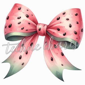 May include: A pink and green bow with a watermelon pattern. The bow is tied in a knot and the ends are curled.