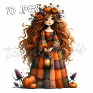 10 JPG Autumn Fairy Clipart Patchwork Dress Fall Pumpkin Dolls, Autumn Paper Crafts, Scrapbook, Junk Journal, Cute Doll Printables