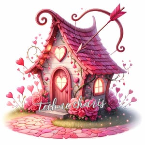 Uroczy różowy domek wróżki Clipart | Zestaw 10 wysokiej jakości 300 DPI JPEGs | Fantasy Clipart, Różowe wzory, Sztuka do druku, Użytek komercyjny