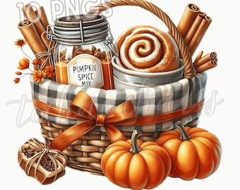 Autumn Basket Clipart: Watercolor Pumpkin Harvest PNGs (Commercial Use)