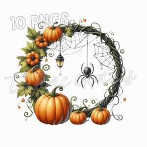 Halloween Wreath Clipart PNG | 10 Spooky Cute Fall Wreaths | Pumpkins, Ghosts, Gothic Florals | Halloween Sublimation Clipart 300 DPI