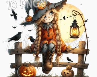 Watercolor Scarecrow Girl Gnome PNG Clipart, Halloween Fall Art (Instant Download)