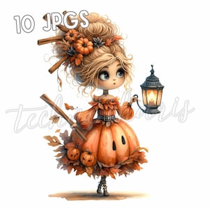 Clipart de Princesa com Especiarias de Abóbora | 10 JPEGs Aconchegantes de Bonecas de Outono | Download Digital de Outono | Meninas Caprichosas em 300 DPI | Imprimíveis para Uso Comercial