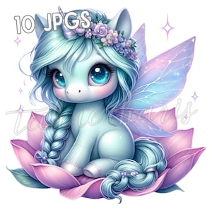 Moon Petal Fairy Unicorn Clipart | 10 Whimsical Baby Unicorn JPGs | Magical Fantasy Animal Art | 300 DPI Printable | Commercial Use
