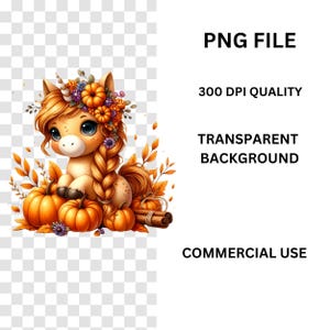 K&ouml;nnte beinhalten: Eine digitale Illustration eines niedlichen Ponys mit langer, geflochtener M&auml;hne und Blumenkrone, umgeben von K&uuml;rbissen und Herbstbl&auml;ttern. Das Bild enth&auml;lt den Text "PNG FILE", "300 DPI QUALITY", "TRANSPARENT BACKGROUND" und "COMMERCIAL USE".