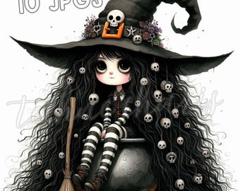 Whimsical Witch Girl Clipart | Halloween Cauldron Art (10 JPGs)