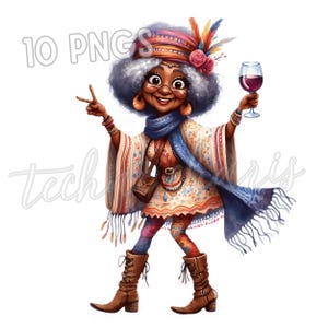 10 Boho Chic African American Old Lady PNG – Quirky Black Grandma Clipart Holding Wine, Smiling Pose, Fun Boho Style Art for Stickers Crafts