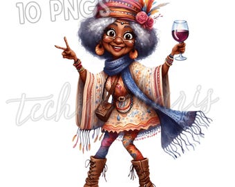 Boho Grandma Clipart PNG: Quirky African American Woman with Wine (Digital Download)