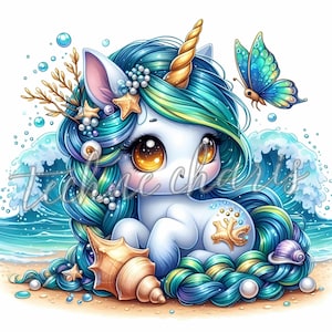 Sommer Einhorn Sirene's Whisper Clipart | 10 Hochwertige 300 DPI JPEGs | Tropisches Einhorn Kinderzimmer Dekor Sommer Einhorn Party Printables