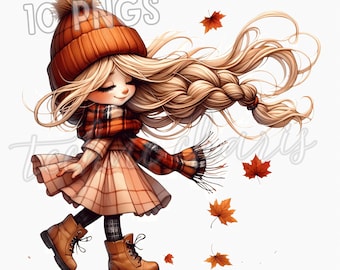 Chica de otoño PNG, gráficos acogedores de hojas de arce otoñales (descarga digital)