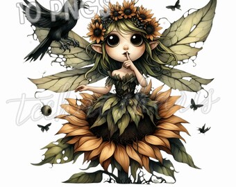 Clipart de fada de Halloween: Menina girassol assustadora com corvo (10 PNGs)