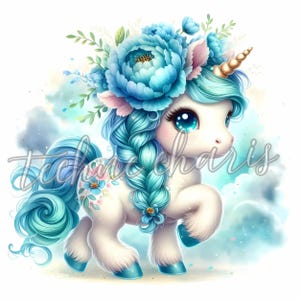 Clipart de unicornio peonía floreciente / 10 JPG de alta calidad de 300 DPI, cliparts de unicornio floral de acuarela, decoración de guardería, imprimibles para uso comercial