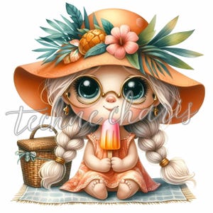 May include: A cartoon girl with blonde braids wearing a large orange sun hat with tropical flowers and leaves. She is wearing a peach-coloured dress and holding a pink and orange popsicle. She is sitting on a blue and white striped beach towel.