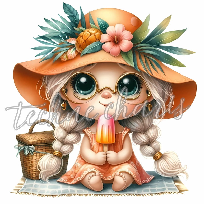 May include: A cartoon girl with blonde braids wearing a large orange sun hat with tropical flowers and leaves. She is wearing a peach-coloured dress and holding a pink and orange popsicle. She is sitting on a blue and white striped beach towel.