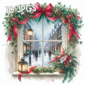 Könnte beinhalten: Aquarell-Illustration eines weihnachtlich geschmückten Fensters. Ein roter Bogen und Girlanden umrahmen das Fenster, mit einer verschneiten Straßenszene. Eine Laterne und ein Blumenarrangement befinden sich auf der Fensterbank. Der Text "10 JPGs" ist zu sehen.