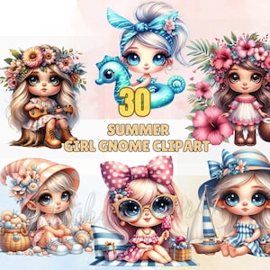 30 Summer Girl Gnome PNG Clipart Bundle | Cute Watercolor Outdoor Gnomes for Sublimation, Crafts, Scrapbooking, Cards | Commercial Use