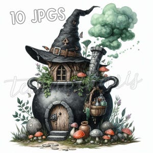 Cauldron Cottage Halloween Clipart | 10 High-Quality 300 DPI JPEGs | Witch Fairy House Art for Junk Journals, Cards & Craft Projects